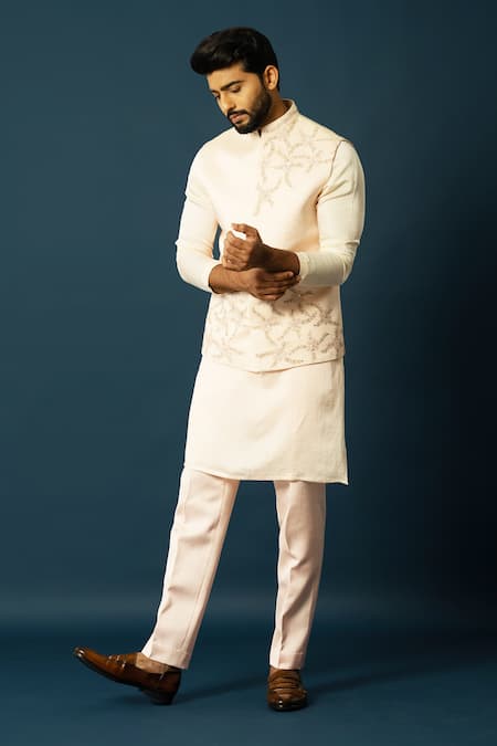 Yoseba_Pink Linen, Satin Embroidery Abstract Nehru Jacket _Online_at_Aza_Fashions