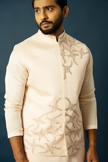 Buy_Yoseba_Pink Linen, Satin Embroidery Abstract Nehru Jacket _Online_at_Aza_Fashions