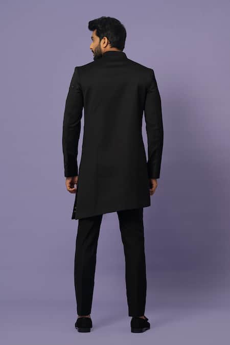 Shop Yoseba Black Cotton Sequins, Cut Work Placement Embroidered Achkan With Trouser at Aza Fashions Shop_Yoseba_Black Cotton Sequins, Cut Work Placement Embroidered Achkan With Trouser _at_Aza_Fashions