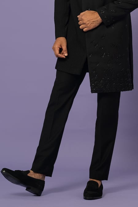 Yoseba Black Cotton Sequins, Cut Work Placement Embroidered Achkan With Trouser Online at Aza Fashions Yoseba_Black Cotton Sequins, Cut Work Placement Embroidered Achkan With Trouser _Online_at_Aza_Fashions
