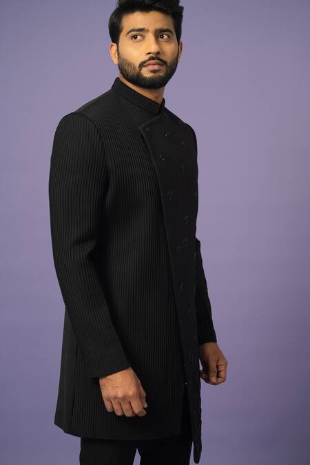 Buy Yoseba Black Cotton Sequins, Cut Work Placement Embroidered Achkan With Trouser Online at Aza Fashions Buy_Yoseba_Black Cotton Sequins, Cut Work Placement Embroidered Achkan With Trouser _Online_at_Aza_Fashions