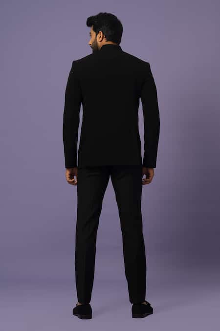 Shop Yoseba Black Cotton Embroidery Cutdana Bandhgala With Trouser at Aza Fashions Shop_Yoseba_Black Cotton Embroidery Cutdana Bandhgala With Trouser _at_Aza_Fashions