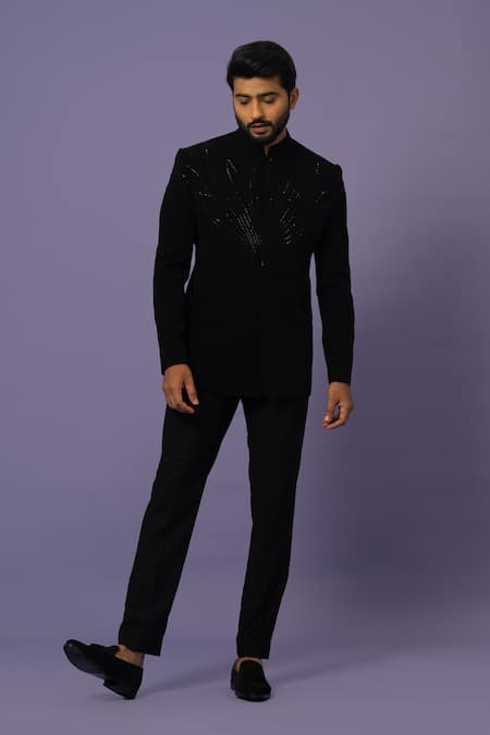 Yoseba Black Cotton Embroidery Cutdana Bandhgala With Trouser Online at Aza Fashions Yoseba_Black Cotton Embroidery Cutdana Bandhgala With Trouser _Online_at_Aza_Fashions