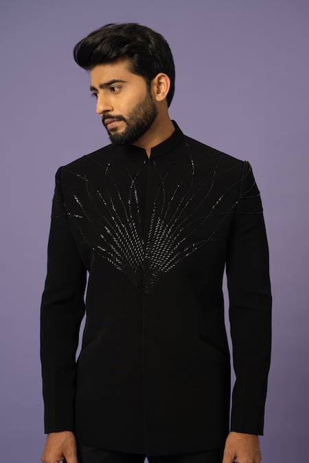 Shop Yoseba Black Cotton Embroidery Cutdana Bandhgala With Trouser Online at Aza Fashions Shop_Yoseba_Black Cotton Embroidery Cutdana Bandhgala With Trouser _Online_at_Aza_Fashions