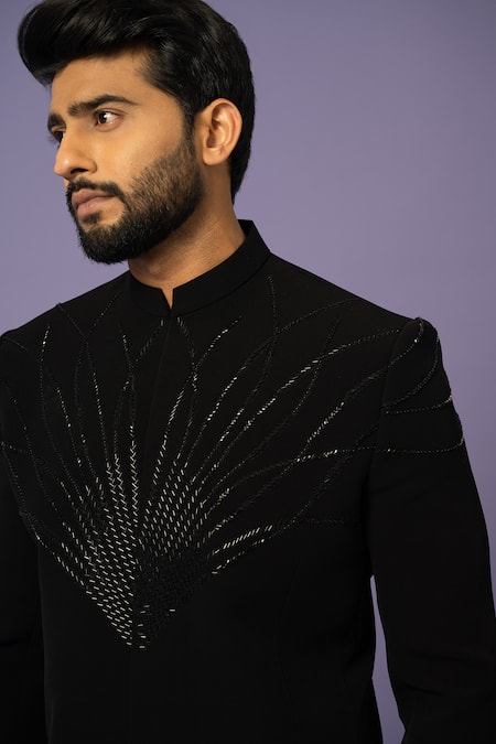 Yoseba Black Cotton Embroidery Cutdana Bandhgala With Trouser at Aza Fashions Yoseba_Black Cotton Embroidery Cutdana Bandhgala With Trouser _at_Aza_Fashions