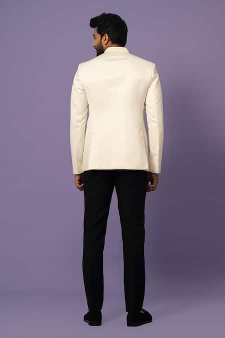 Shop_Yoseba_Ivory Cotton, Polyester Mirrors Moti Embroidered Bandhgala With Trouser _at_Aza_Fashions