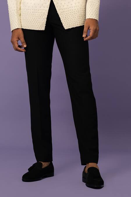 Yoseba_Ivory Cotton, Polyester Mirrors Moti Embroidered Bandhgala With Trouser _Online_at_Aza_Fashions