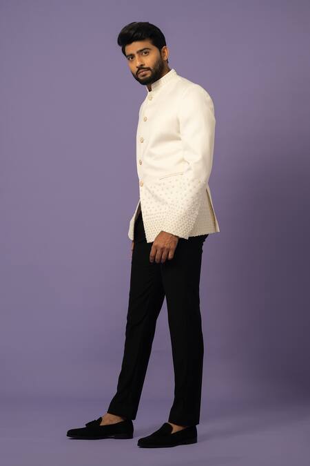 Buy_Yoseba_Ivory Cotton, Polyester Mirrors Moti Embroidered Bandhgala With Trouser _Online_at_Aza_Fashions