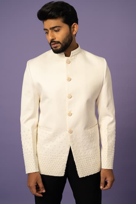 Shop_Yoseba_Ivory Cotton, Polyester Mirrors Moti Embroidered Bandhgala With Trouser _Online_at_Aza_Fashions