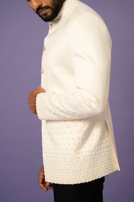 Yoseba_Ivory Cotton, Polyester Mirrors Moti Embroidered Bandhgala With Trouser _at_Aza_Fashions