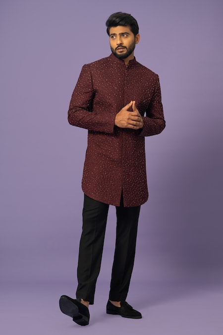 Buy_Yoseba_Blue Cotton Embroidery Abstract Embellished Achkan Set _Online_at_Aza_Fashions