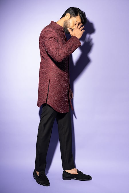 Yoseba_Blue Cotton Embroidery Abstract Embellished Achkan Set _at_Aza_Fashions