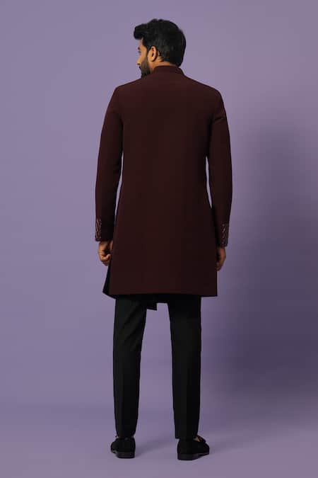 Shop_Yoseba_Wine Cut Work Panelled Embroidered Achkan With Trouser _at_Aza_Fashions