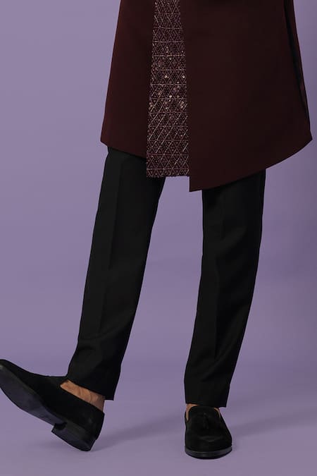 Yoseba_Wine Cut Work Panelled Embroidered Achkan With Trouser _Online_at_Aza_Fashions