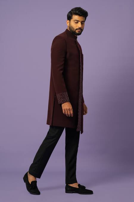 Buy_Yoseba_Wine Cut Work Panelled Embroidered Achkan With Trouser _Online_at_Aza_Fashions