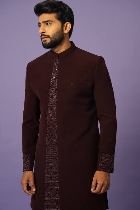 Shop_Yoseba_Wine Cut Work Panelled Embroidered Achkan With Trouser _Online_at_Aza_Fashions
