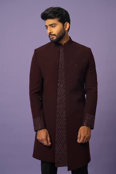 Yoseba_Wine Cut Work Panelled Embroidered Achkan With Trouser _at_Aza_Fashions
