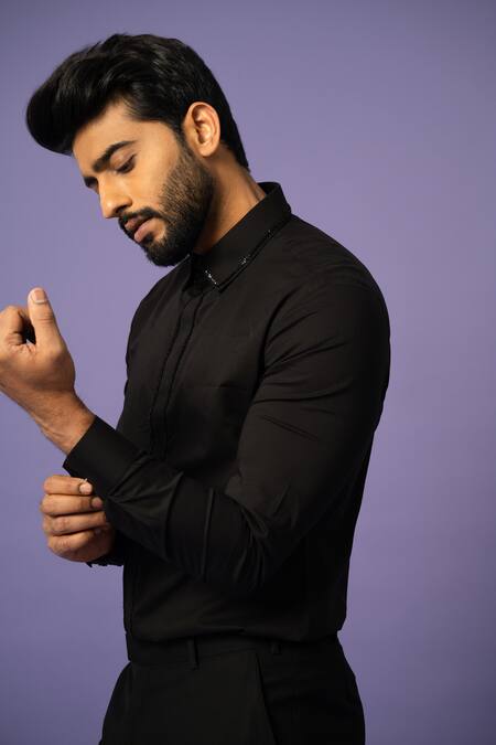 Buy_Yoseba_Black Cotton Sequins Stygian Placement Embroidered Shirt _Online_at_Aza_Fashions