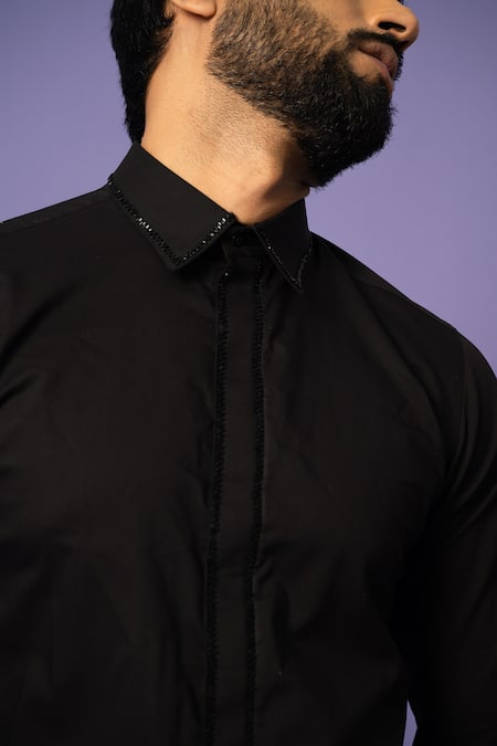 Shop_Yoseba_Black Cotton Sequins Stygian Placement Embroidered Shirt _Online_at_Aza_Fashions
