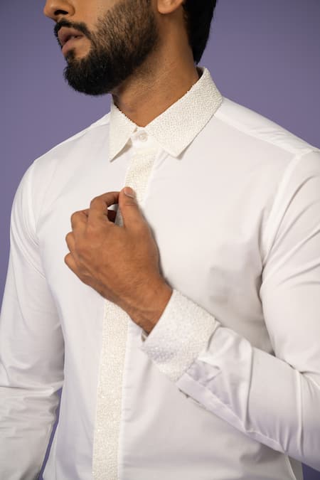 Yoseba White Cotton Mirrors Moti Embroidered Shirt Online at Aza Fashions Yoseba_White Cotton Mirrors Moti Embroidered Shirt _Online_at_Aza_Fashions