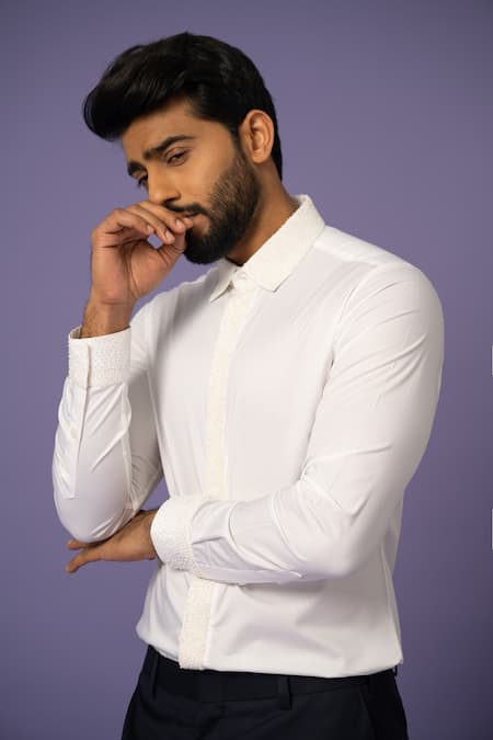 Buy Yoseba White Cotton Mirrors Moti Embroidered Shirt Online at Aza Fashions Buy_Yoseba_White Cotton Mirrors Moti Embroidered Shirt _Online_at_Aza_Fashions