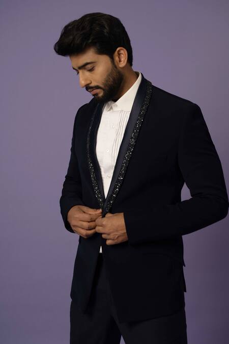 Yoseba_Black Polyester Cut Work, Sequins Cutdana Embellished Blazer And Trouser Set _Online_at_Aza_Fashions