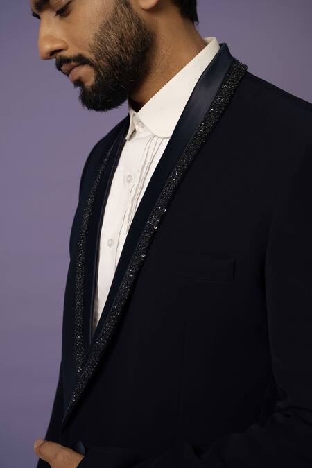 Buy_Yoseba_Black Polyester Cut Work, Sequins Cutdana Embellished Blazer And Trouser Set _Online_at_Aza_Fashions