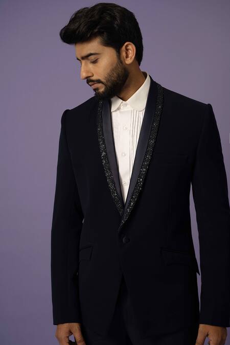 Shop_Yoseba_Black Polyester Cut Work, Sequins Cutdana Embellished Blazer And Trouser Set _Online_at_Aza_Fashions