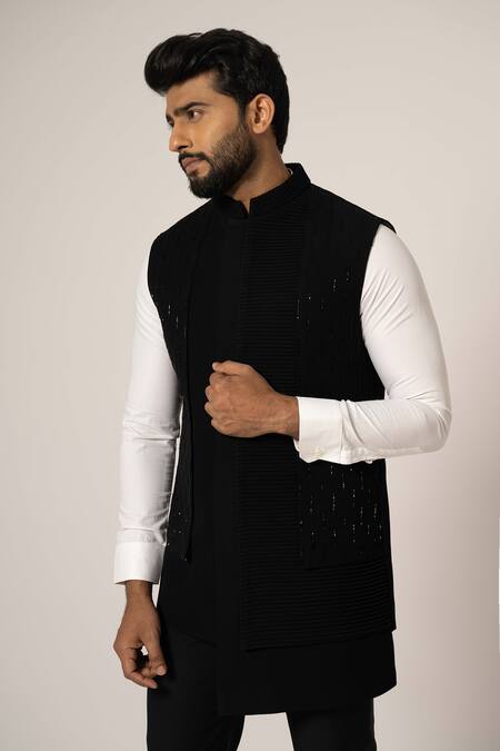 Yoseba Black Cotton Cut Work Pintuck Embroidered Nehru Jacket Online at Aza Fashions Yoseba_Black Cotton Cut Work Pintuck Embroidered Nehru Jacket _Online_at_Aza_Fashions