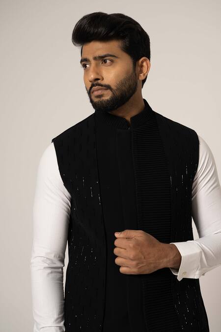 Shop Yoseba Black Cotton Cut Work Pintuck Embroidered Nehru Jacket Online at Aza Fashions Shop_Yoseba_Black Cotton Cut Work Pintuck Embroidered Nehru Jacket _Online_at_Aza_Fashions