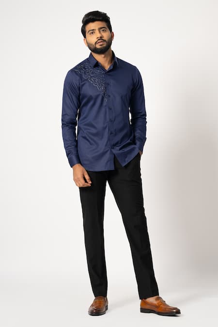 YOSEBA Blue Premium Cotton Embroidered Cutdana Shirt 