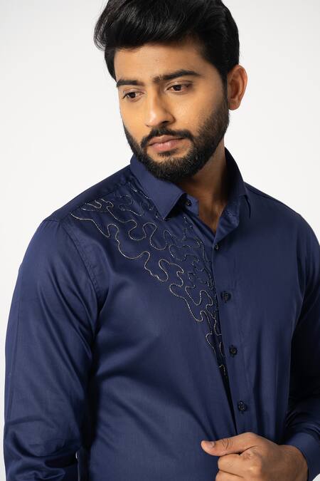 Buy Yoseba Blue Cotton Cut Work Cutdana Embroidered Shirt Online at Aza Fashions Buy_Yoseba_Blue Cotton Cut Work Cutdana Embroidered Shirt _Online_at_Aza_Fashions
