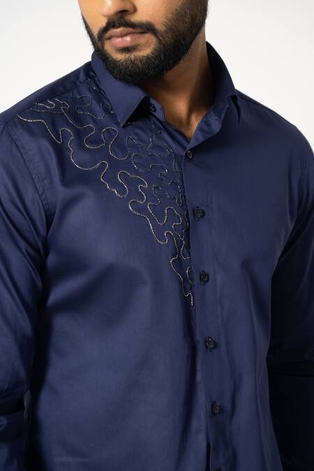 Shop Yoseba Blue Cotton Cut Work Cutdana Embroidered Shirt Online at Aza Fashions Shop_Yoseba_Blue Cotton Cut Work Cutdana Embroidered Shirt _Online_at_Aza_Fashions