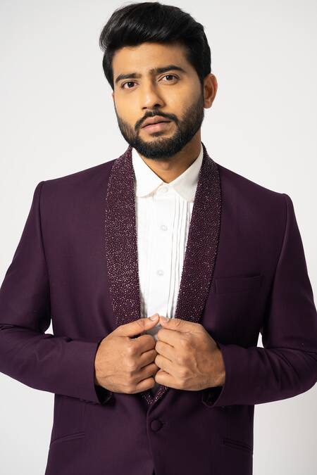 Shop_Yoseba_Wine Polyester Embroidery Sangria Grammy Blazer With Trouser _Online_at_Aza_Fashions