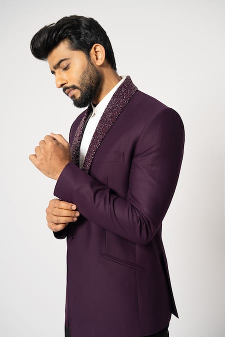 Yoseba_Wine Polyester Embroidery Sangria Grammy Blazer With Trouser _at_Aza_Fashions