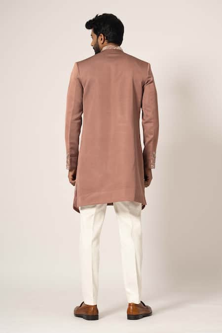 Shop Yoseba Pink Linen, Satin, Cotton Embroidery Placement Asymmetric Achkan With Pyjama at Aza Fashions Shop_Yoseba_Pink Linen, Satin, Cotton Embroidery Placement Asymmetric Achkan With Pyjama _at_Aza_Fashions