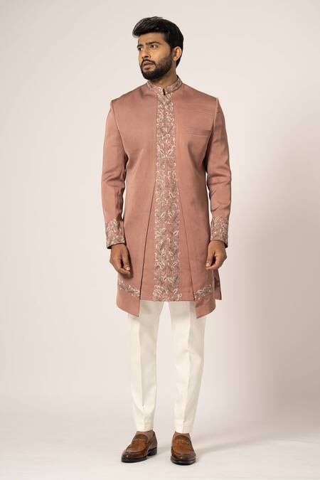 Yoseba Pink Linen, Satin, Cotton Embroidery Placement Asymmetric Achkan With Pyjama Online at Aza Fashions Yoseba_Pink Linen, Satin, Cotton Embroidery Placement Asymmetric Achkan With Pyjama _Online_at_Aza_Fashions