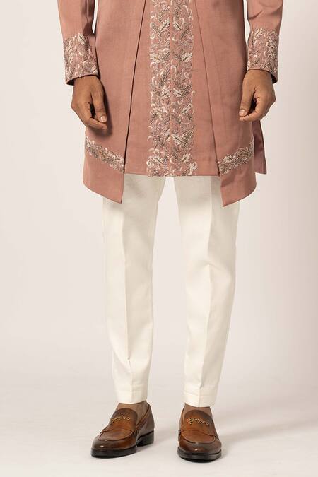 Buy Yoseba Pink Linen, Satin, Cotton Embroidery Placement Asymmetric Achkan With Pyjama Online at Aza Fashions Buy_Yoseba_Pink Linen, Satin, Cotton Embroidery Placement Asymmetric Achkan With Pyjama _Online_at_Aza_Fashions