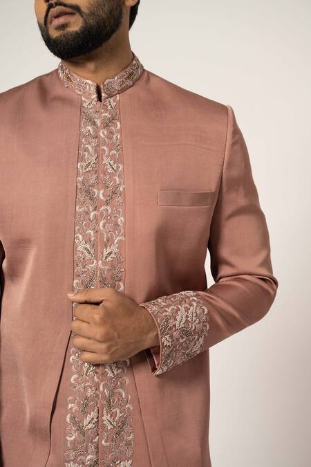 Shop Yoseba Pink Linen, Satin, Cotton Embroidery Placement Asymmetric Achkan With Pyjama Online at Aza Fashions Shop_Yoseba_Pink Linen, Satin, Cotton Embroidery Placement Asymmetric Achkan With Pyjama _Online_at_Aza_Fashions