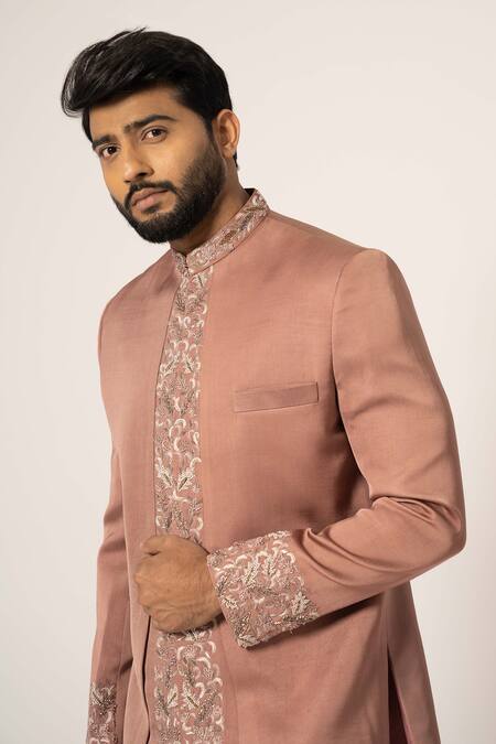 Yoseba Pink Linen, Satin, Cotton Embroidery Placement Asymmetric Achkan With Pyjama at Aza Fashions Yoseba_Pink Linen, Satin, Cotton Embroidery Placement Asymmetric Achkan With Pyjama _at_Aza_Fashions