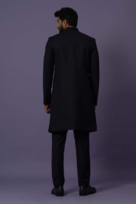 Shop Yoseba Blue Polyester Embroidery Asymmetric Achkan With Trouser at Aza Fashions Shop_Yoseba_Blue Polyester Embroidery Asymmetric Achkan With Trouser _at_Aza_Fashions