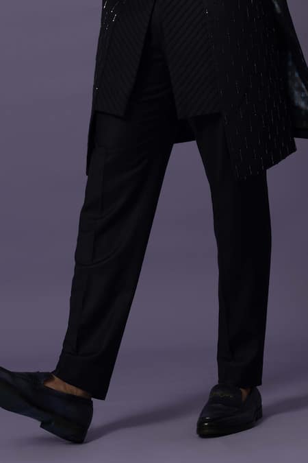 Yoseba Blue Polyester Embroidery Asymmetric Achkan With Trouser Online at Aza Fashions Yoseba_Blue Polyester Embroidery Asymmetric Achkan With Trouser _Online_at_Aza_Fashions