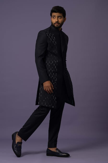 Buy Yoseba Blue Polyester Embroidery Asymmetric Achkan With Trouser Online at Aza Fashions Buy_Yoseba_Blue Polyester Embroidery Asymmetric Achkan With Trouser _Online_at_Aza_Fashions