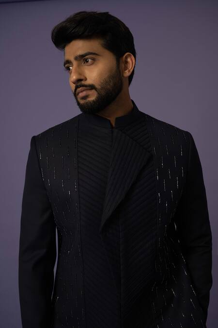 Shop Yoseba Blue Polyester Embroidery Asymmetric Achkan With Trouser Online at Aza Fashions Shop_Yoseba_Blue Polyester Embroidery Asymmetric Achkan With Trouser _Online_at_Aza_Fashions