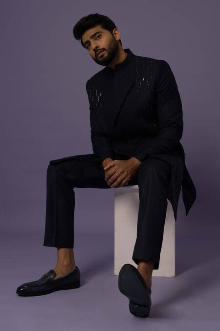 Yoseba Blue Polyester Embroidery Asymmetric Achkan With Trouser at Aza Fashions Yoseba_Blue Polyester Embroidery Asymmetric Achkan With Trouser _at_Aza_Fashions