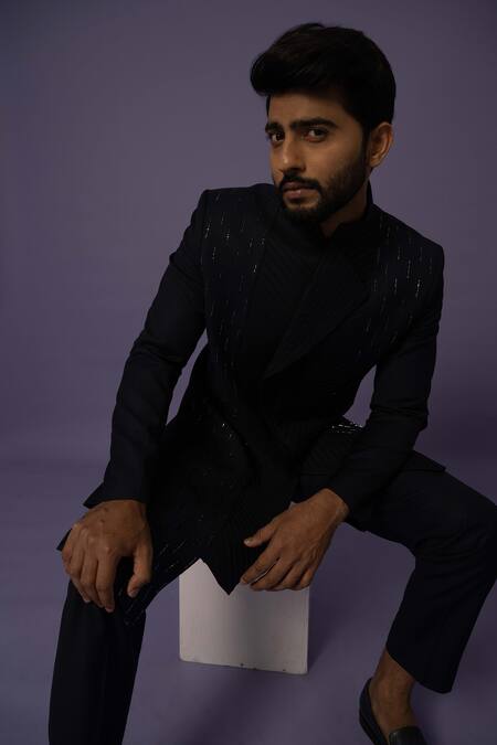 Buy Yoseba Blue Polyester Embroidery Asymmetric Achkan With Trouser Buy_Yoseba_Blue Polyester Embroidery Asymmetric Achkan With Trouser