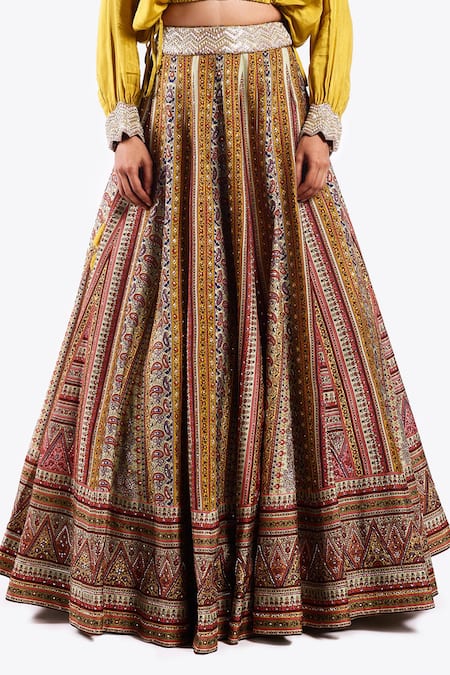 Onaya_Yellow Silk Sequins, Floral Geometric Pattern Lehenga With Draped Blouse _Online_at_Aza_Fashions