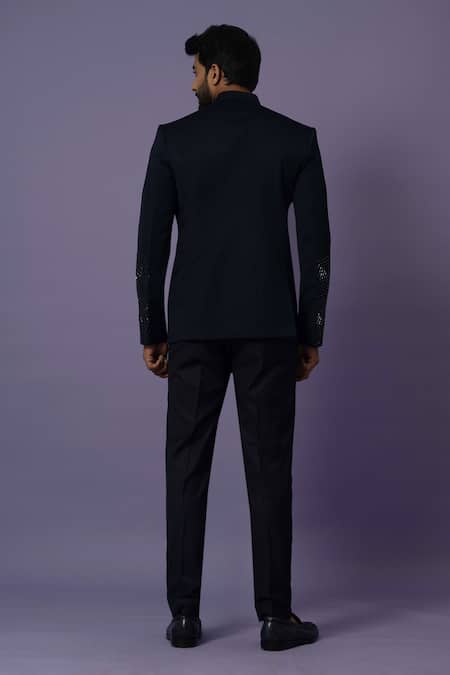 Shop Yoseba Blue Polyester Embroidery Chid Bandhgala With Trouser at Aza Fashions Shop_Yoseba_Blue Polyester Embroidery Chid Bandhgala With Trouser _at_Aza_Fashions