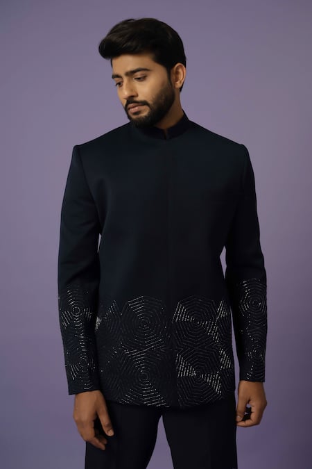 Buy Yoseba Blue Polyester Embroidery Chid Bandhgala With Trouser Online at Aza Fashions Buy_Yoseba_Blue Polyester Embroidery Chid Bandhgala With Trouser _Online_at_Aza_Fashions