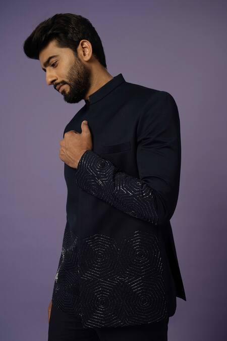 Shop Yoseba Blue Polyester Embroidery Chid Bandhgala With Trouser Online at Aza Fashions Shop_Yoseba_Blue Polyester Embroidery Chid Bandhgala With Trouser _Online_at_Aza_Fashions